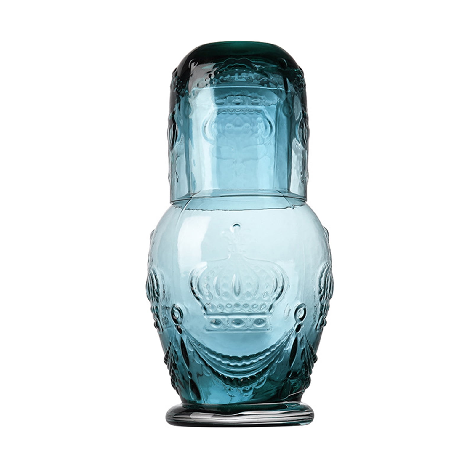 Mint Vintage Embossed Fruit Refrigerator Glass Juice Carafe Pitcher w/ blue  lid