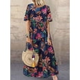 thumbnail image 1 of Robe Maxi d'Été 2025 Amazon Col Rond Décontracté Femme Rétro Imprimé Floral Manches Courtes Amples (Bleu Foncé), 1 of 3