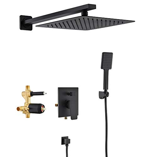 SOKA Black Shower Faucet Set 10 Inch Rainfall Shower Head & High Pressure Handheld Shower Head Rain Shower System Shower Trim Kit with Valve Pressure Balance Wall Mount Square Shower C