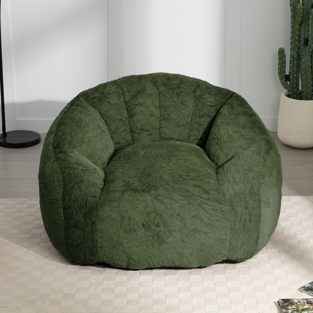 Ebenchico 3.9ft Bean Bag Chair for Adults Teens Kids, Shell Shape Faux Fur Beanbag Chairs, Memory Foam Filled Floor Chair for Reading, Gaming, Relaxing, Green