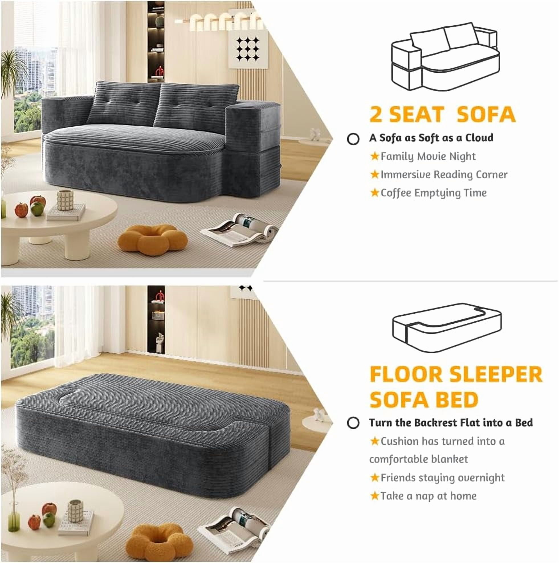 78.7'' Folding Sofa Bed Queen Sleeper Sofa, 2-in-1 Convertible Corduroy Boneless Couch with Blanket, Modern Futon Loveseat Couches for Living Room, Guest Bed, No Assembly Couch, Dark Grey