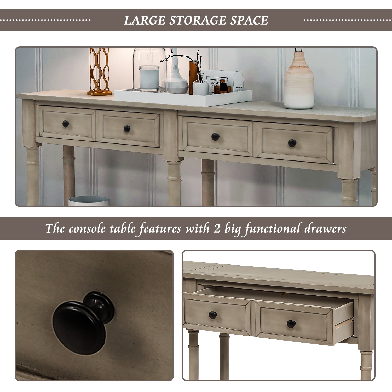 Wooden Console Table with Two Drawers and Bottom Shelf,Antique Entryway Table for Hallway Living Room,Grey Wash