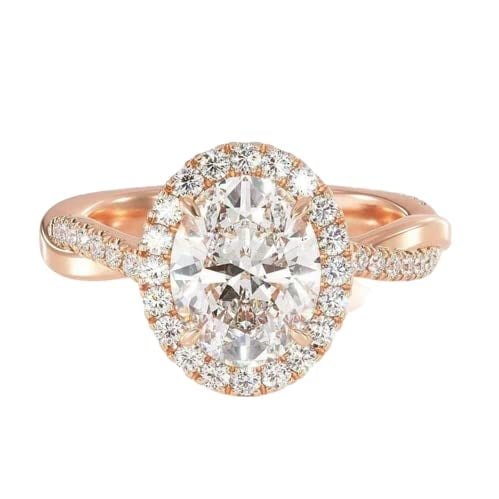 HeartsAndYou 3ct Oval Cut Moissanite Engagement Ring for Women Twist Shank Halo 18k Rose Gold over Silver