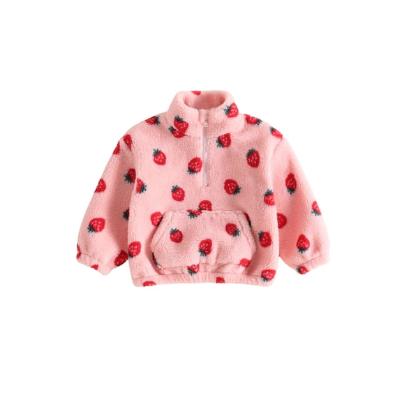 RUINIXCW Toddler Baby Girl Fleece Sweatshirt Infant Girls Fall Winter Warm Clothes Strawberry Print Long Sleeve Half Zip Front Pocket Pullovers Tops