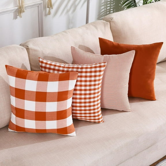 Burnt Orange Fall Plaid Throw Pillow Covers 18x18 Set of 4 Buffalo Plaid Fall Decor Autumn Outdoor Decorative Pillows for Porch Garden Office and Living Room