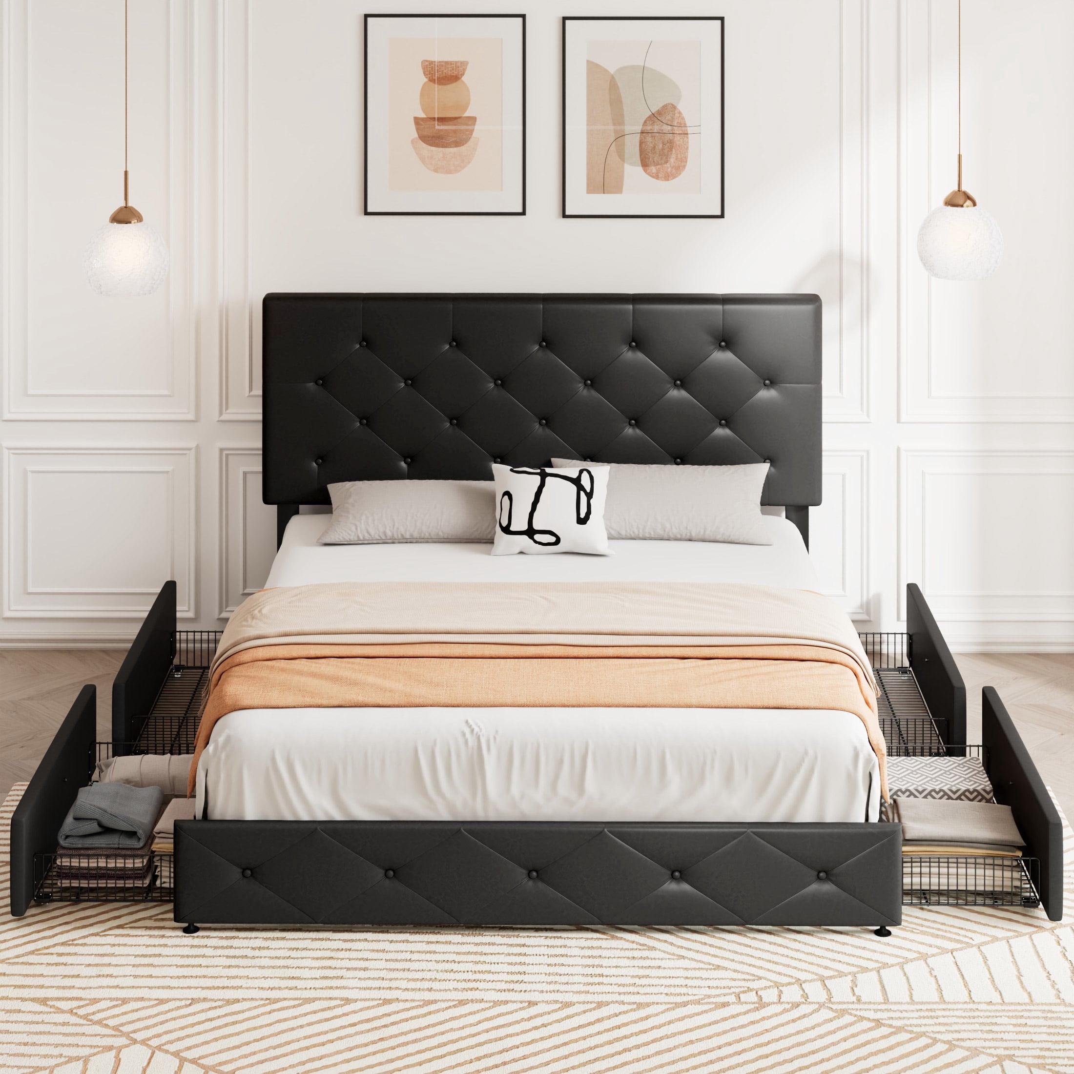 Sifurni Full Size Upholstered Platform Bed Frame with 4 Drawers and Diamond Stitched Button Tufted Headboard, Black