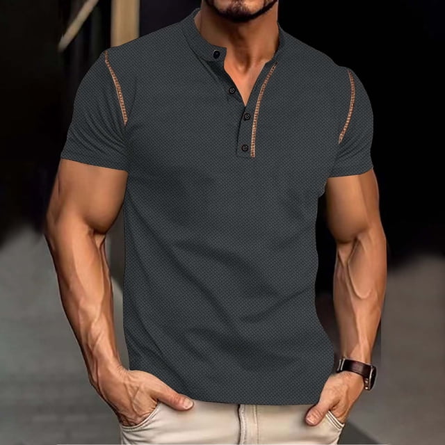 Playera Elvqul Hombre Casual Gris Oscuro Manga Corta con Estampado de Bloques de Color con Solapa Botones