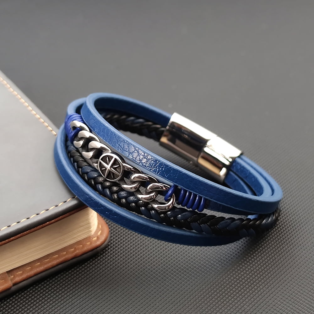 YIFSIY Blue Mutil-layer Braided Leather Bracelet with Six Pointed Star Stainless Steel Cuff Bracelet for Men Women