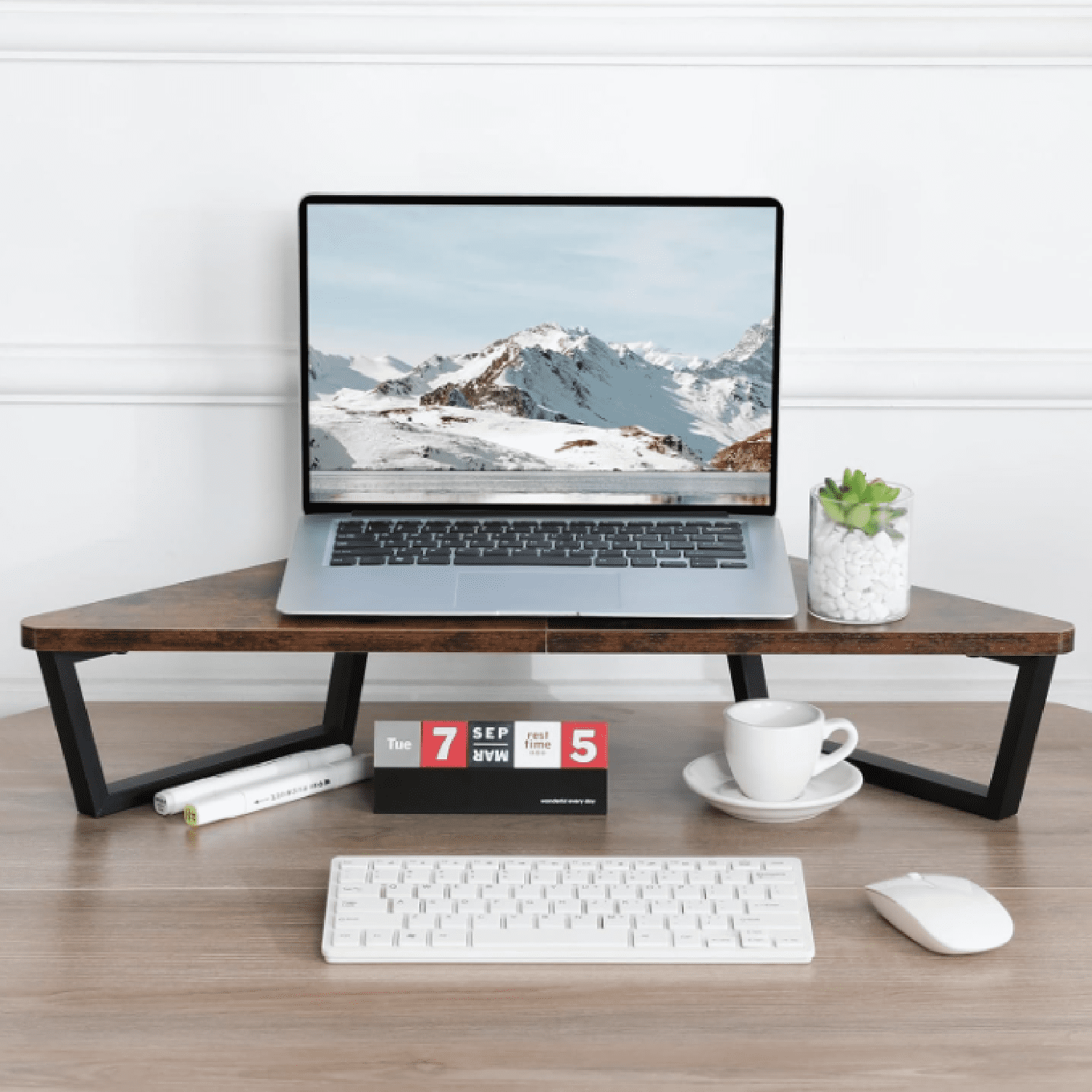 26 inch Triangle Monitor Stand Riser, Desktop Corner Shelf with Metal Leg Wood Computer Stand with Storage Laptop Riser Office Organization