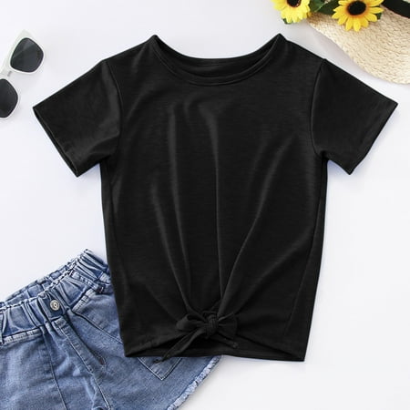 

Cathalem Tops with Cats Little Girls Tie Front Knot T Shirt Solid Short Sleeve Crewneck Fashion Loose Casual Girl Size 12 Clothes Shirt Black 8-9 Years