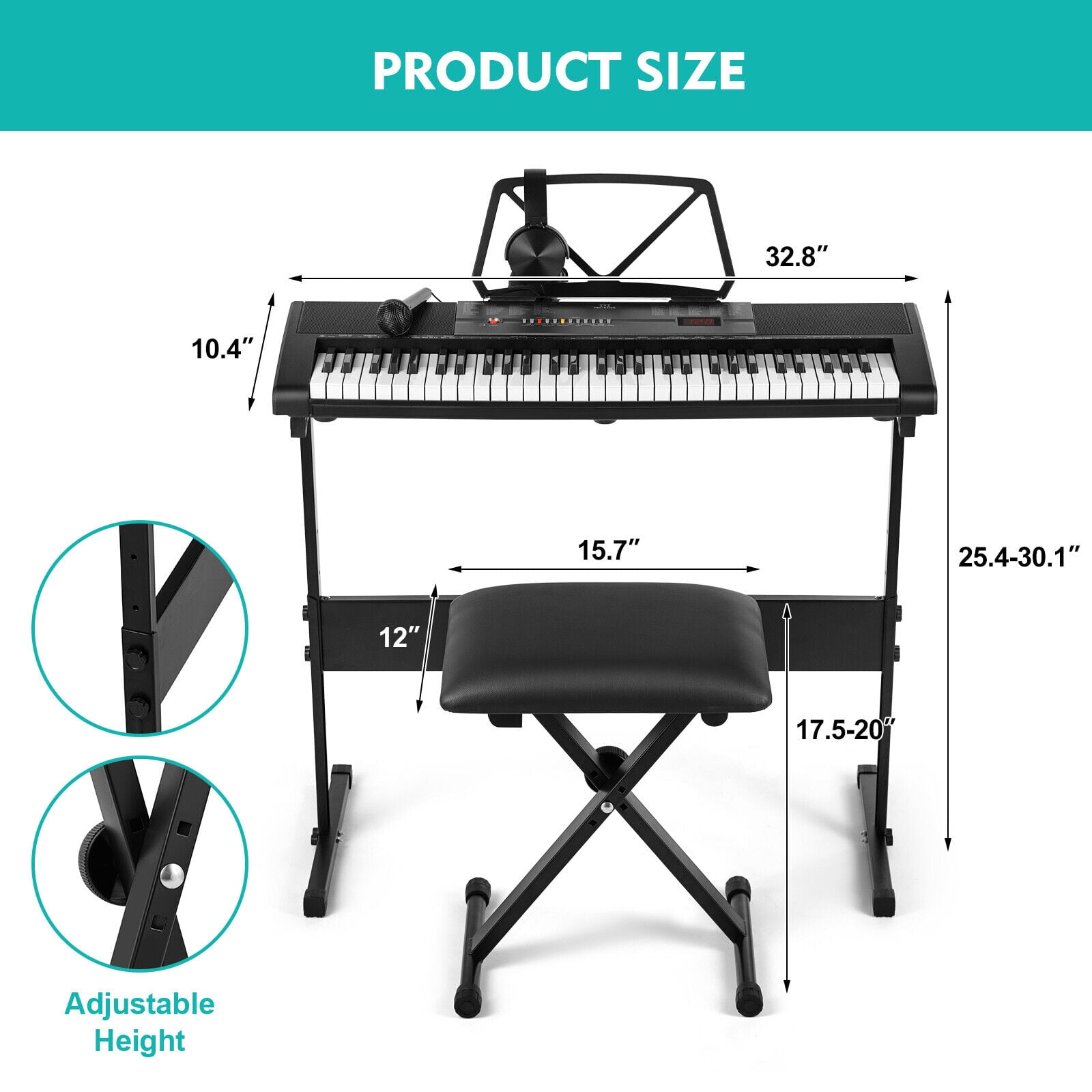 MUSTAR Portable 61 Keys Electric Lighted Up Piano Keyboard for Beginner with Bench,Stand,Headphone,Microphone,Note Sticker,Built-in Speaker(Black)