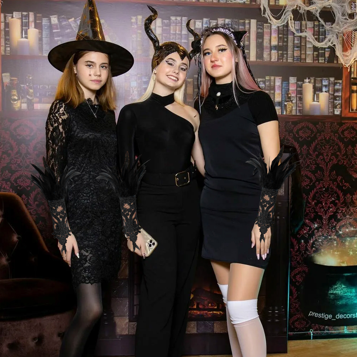 Halloween Black Lace Feather Gloves Witch Raven Angel Costume