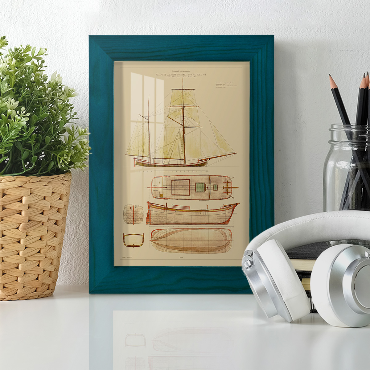 Antique Ship Plan IV -Framed Print w/glass-Ocean Blue