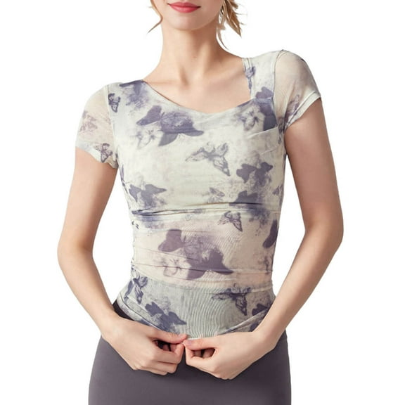 Women'S Asymmetrical Neck Floral Print Mesh Shirts Ruched Short Sleeve Fitted Blouses White XL