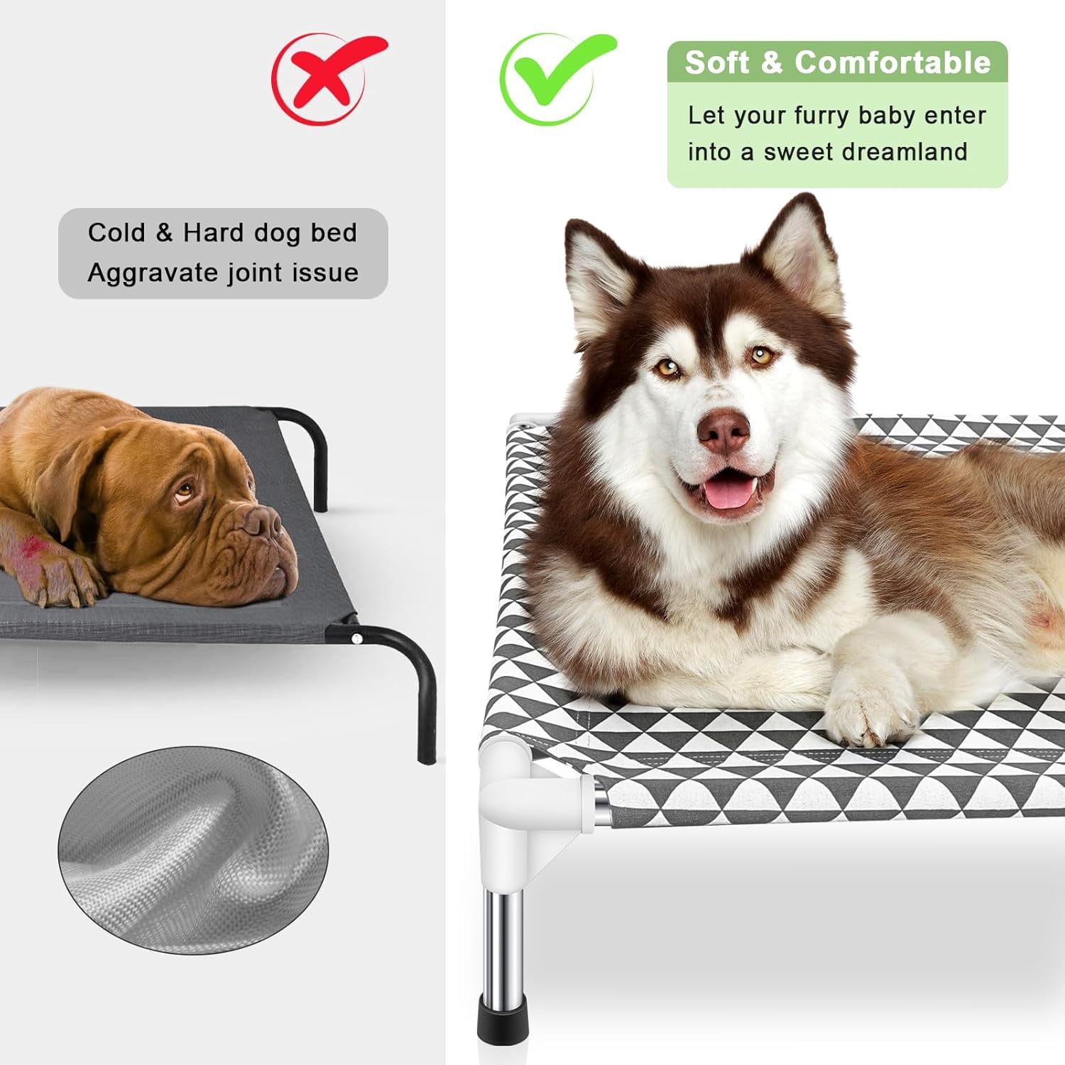 Elevated Outdoor Dog Bed, Large Size, Cotton Material, Non-Slip Feet, Fits up to 100lbs