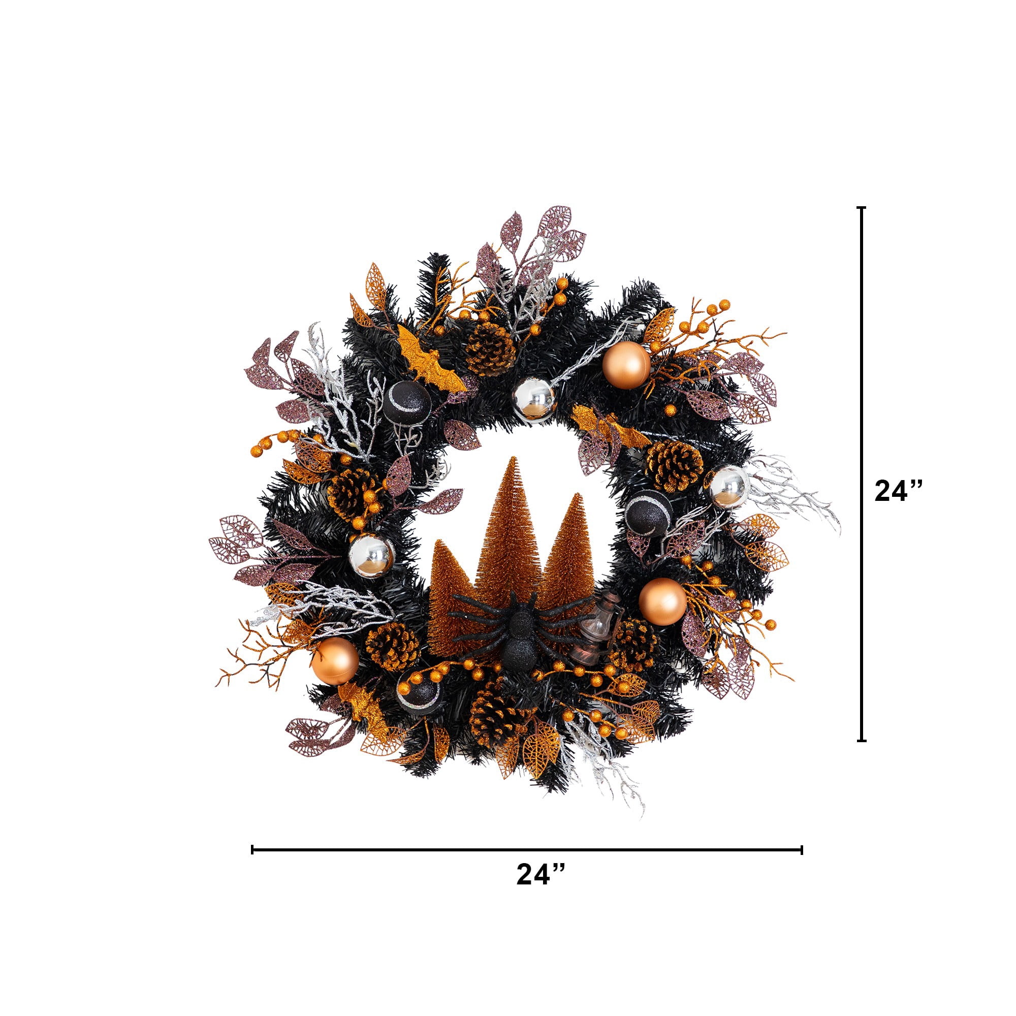 24in. Artificial Halloween Black Mixed Foliage Wreath with Bats, Pinecones and Trees