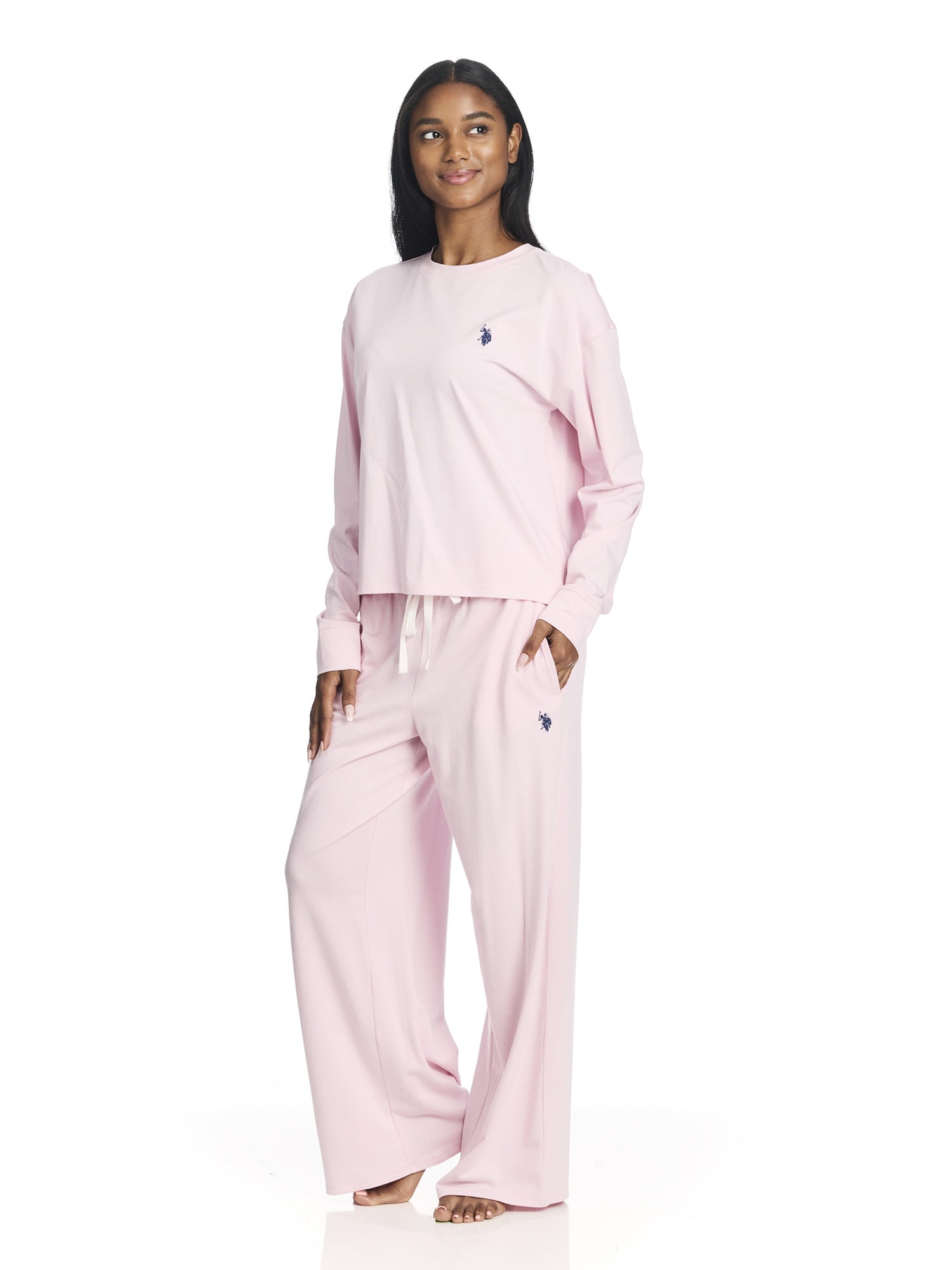 U.S. Polo Assn. Women's Long Sleeve Cotton Span Top and French Terry Wide Leg Pant Pajama Sleep Set, 2-Piece, Sizes S-3X