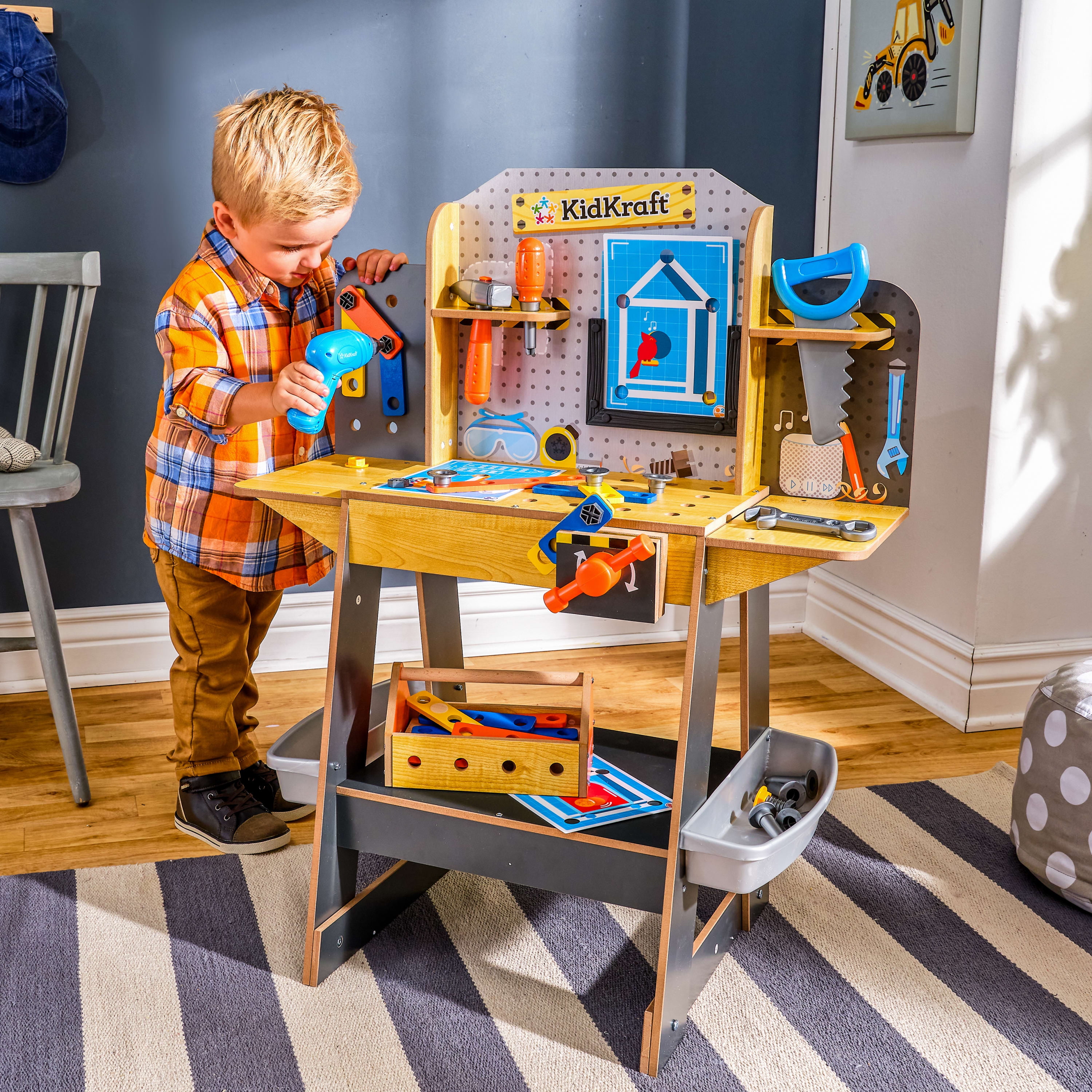 KidKraft Blueprint Build Wooden Play Workbench with 40+ Accessories and Working Drill