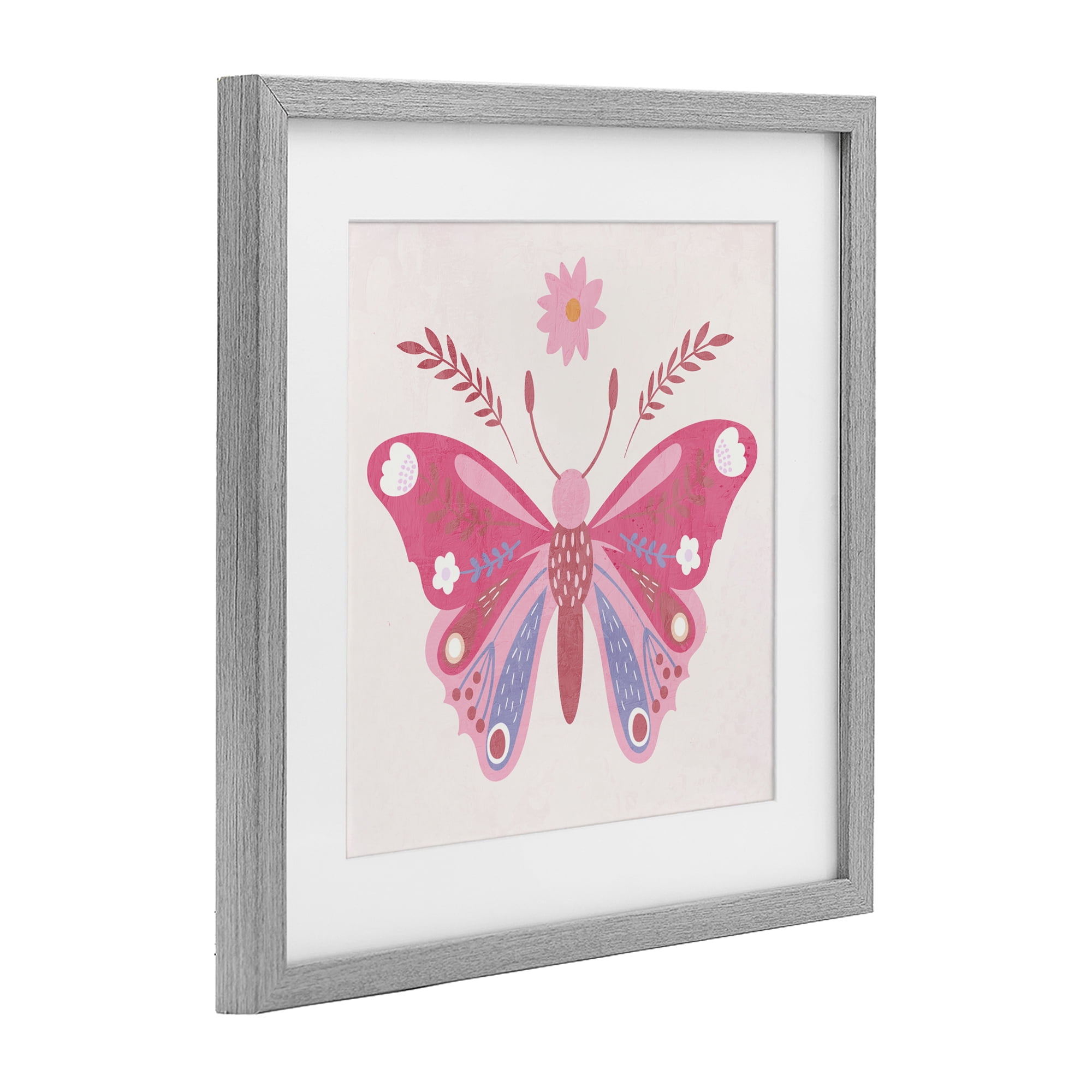 Stupell Industries Folk Butterfly in Pink Gray Framed Print Under Glass, design by Kim Allen