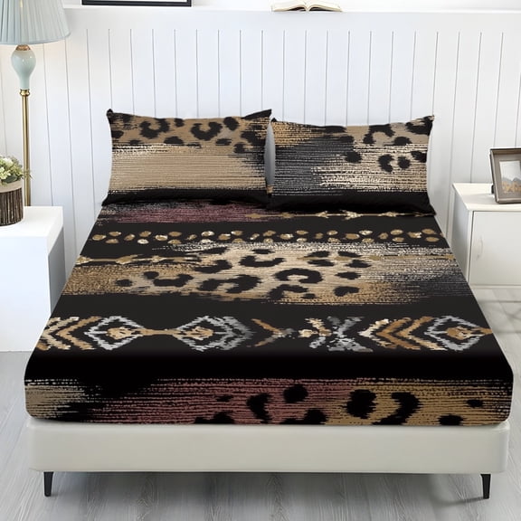 COEQINE Twin Size Sheet Set Soft Wrinkle Free 3 Pieces Bed Sheets Set with Deep Pocket Bedsheet & Pillowcases Home Decor for Twin Size Bed, American Tribal Leopard Print