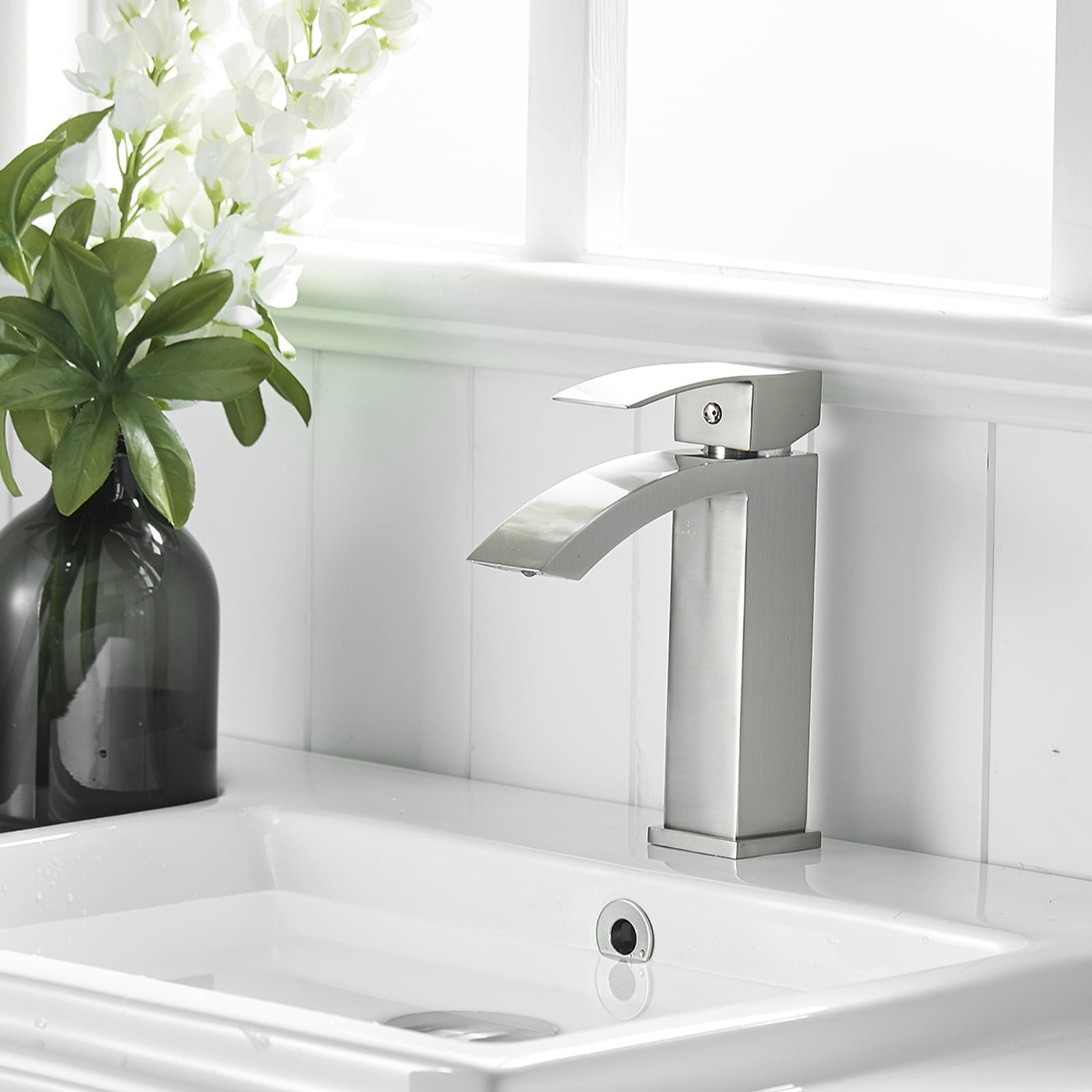 ANGELES HOME Waterfall Bathroom Sink Faucet Vessel Sink Faucet, Single Handle Bathroom Faucet 1 Hole Bowl Lavatory Vanity Faucet, Brushed Nickel