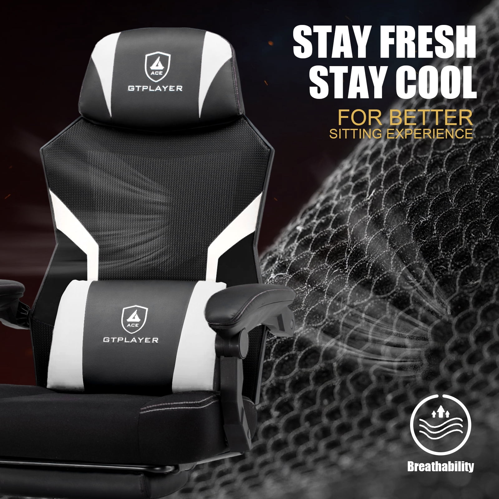 GTPLAYER Ergonomic Mesh Back Reclining Gaming Office Chair with Footrest, White