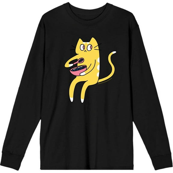 Derpy Kitty Cat With Pink Bowl Adult Black Crew Neck Long Sleeve Tee-Medium