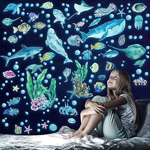 Glow in The Dark Ocean Fish Wall Decals,Under The Sea Wall Stickers Decals Decor Luminous Sea Life Animals Waterproof Stick Wall Decal for Kids Boys Bedroom Watercolor Creatures Decor (Ocean)