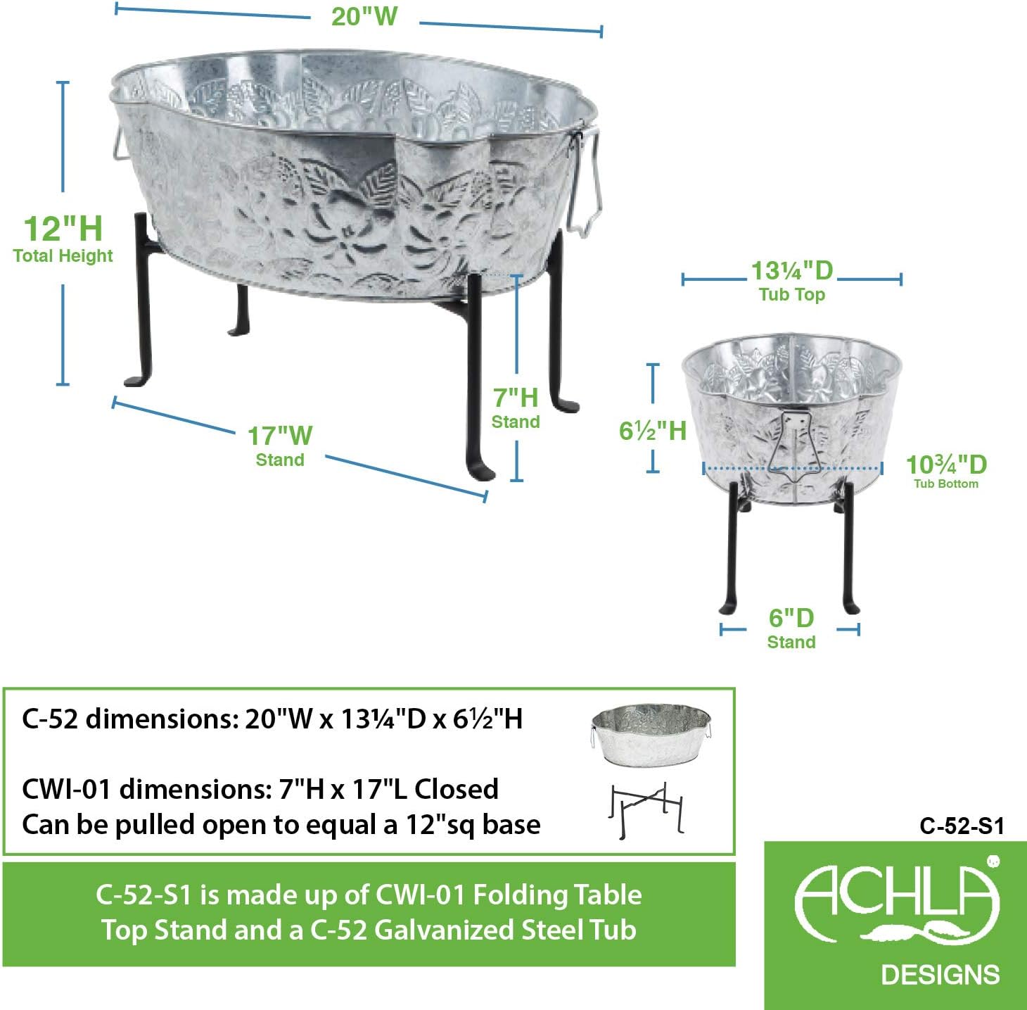 Achla C-52-S1 Embossed Oval Tub with Folding Stand, Galvanized Steel & Black - image 4 of 9