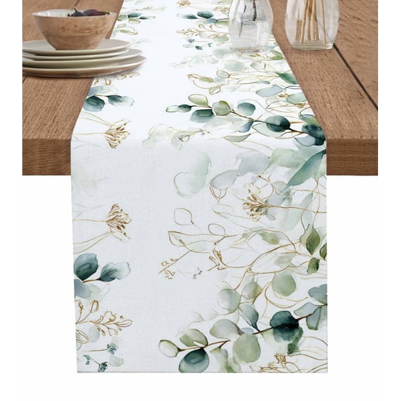 Eucalyptus Leaves Table Runner 60 Inches, Watercolor Sage Green Golden Floral Bed Runner Dresser Scarves Tabletop for Indoor Outdoor Parties/Ceremony/Banquet, 13" x 60"