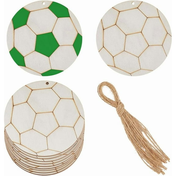 10Pcs Football Unfinished Wood Hanging Sports Ball DIY Crafts Cutouts Wooden Soccer Tags Blank Wood Slices Ornaments with Jute Twines