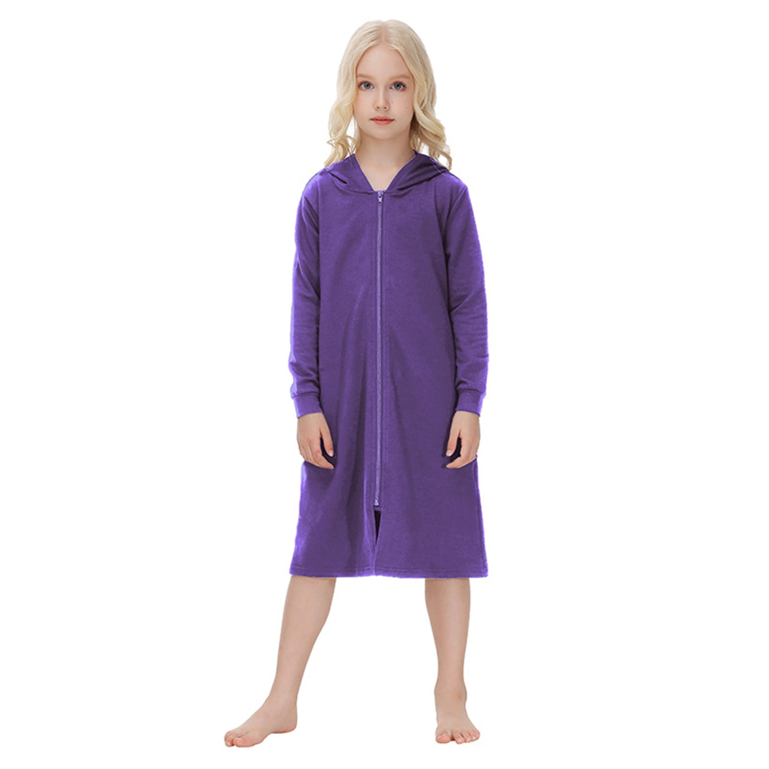 Girls Zipper Front Robes Long Sleeve Hooded Housecoat Long Housedress ...