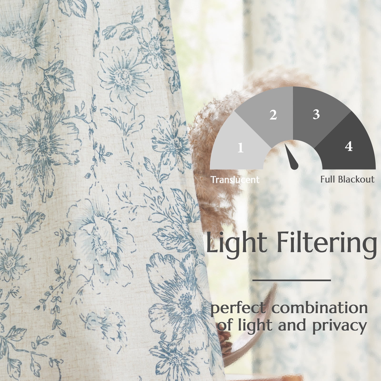 CURTAINKING Linen Curtains Floral Curtains for Living Room 84 Inch Length Blue Printed Curtains Rod Pocket Back Tab Farmhouse Peony Flower Patterned Drapes Bedroom Window Curtain Set 2 Panels