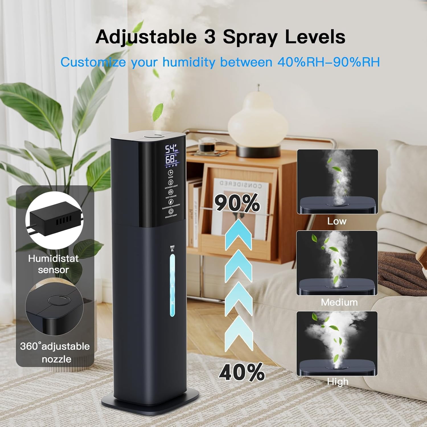 Humidifiers Large Room Bedroom with 7 Colors Light, 2.1Gal(8L) 3 Speed Quiet Ultrasonic Cool Mist Humidifier with 360° Nozzle, Humidity Setting, Timer,Aroma Box for Home Plant Baby Yoga Sleep (Black)