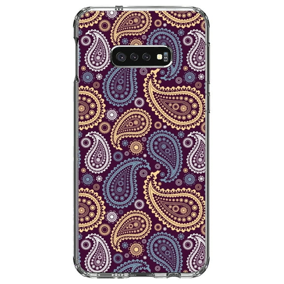 DistinctInk Clear Shockproof Hybrid Case for Samsung Galaxy S10e (5.8" Screen) - TPU Bumper, Acrylic Back, Tempered Glass Screen Protector - Purple Yellow Blue Paisley