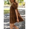 thumbnail image 3 of Dark Brown Babydoll Mini Dress For Women Summer Loose Bubble Short Sleeve Scoop Neck, 3 of 7