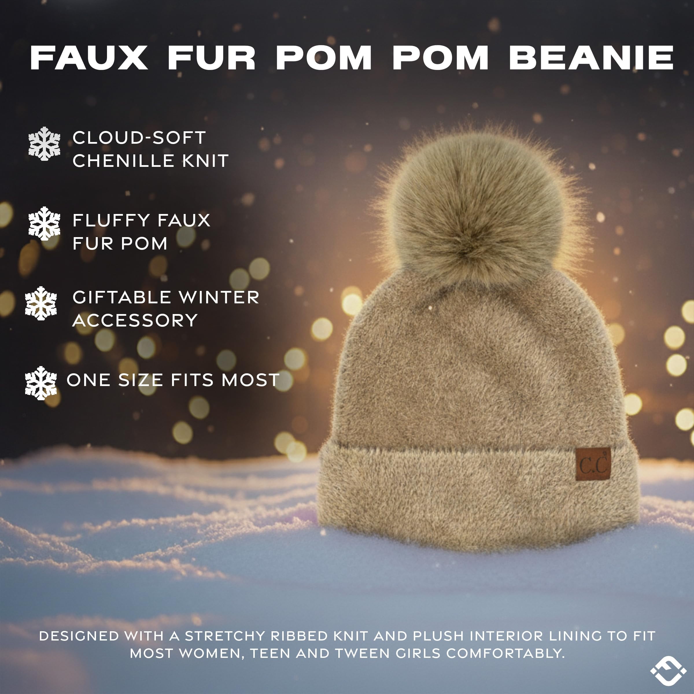 Funky Junque Beanie for Women Ultra Soft Chenille Faux Fur Pom Pom Winter Hats Warm Ski Cap Fashion - Beige