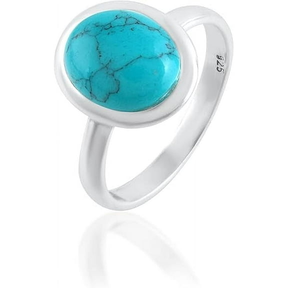 Sechi Turquoise Ring, 925 Sterling Silver, Oval Gemstone, Birthstone Jewelry, Size-5