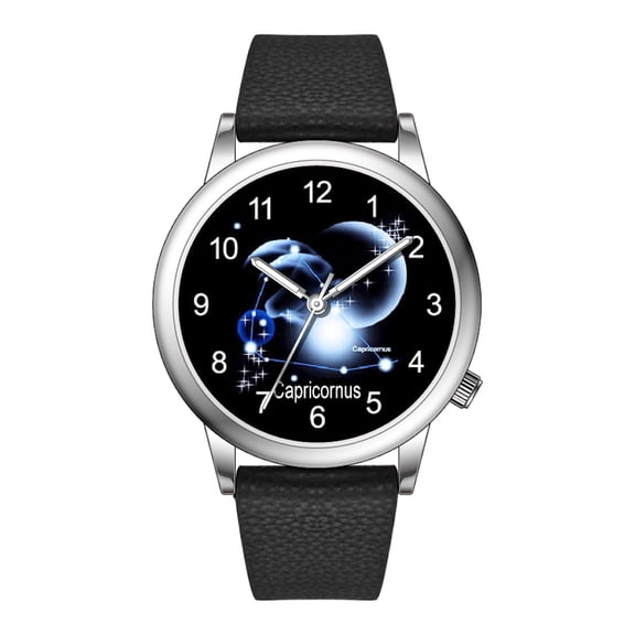 Blekon Collections Women's Fashion Watch | 36mm Alloy Case | Japanese PC21J Quartz Movement | Synthetic Leather Watch (BLACK/CAPRICORNUS)