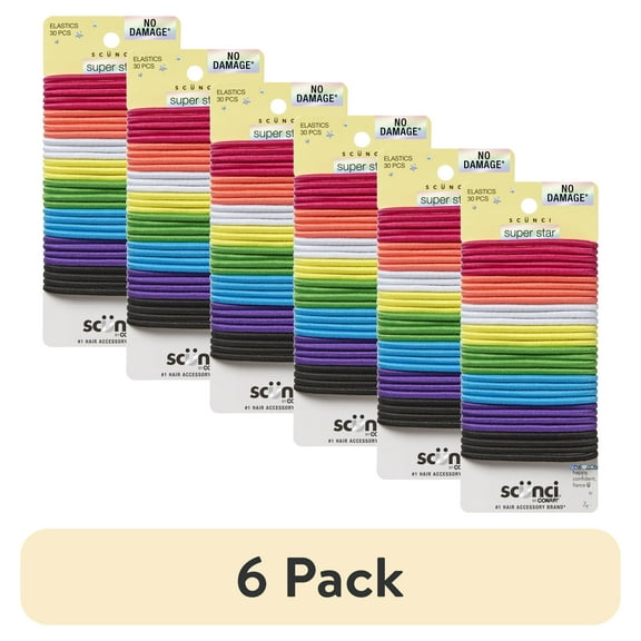 (6 pack) Scunci No Damage Elastic Ponytail Hair Ties, Multicolor, 30 Count