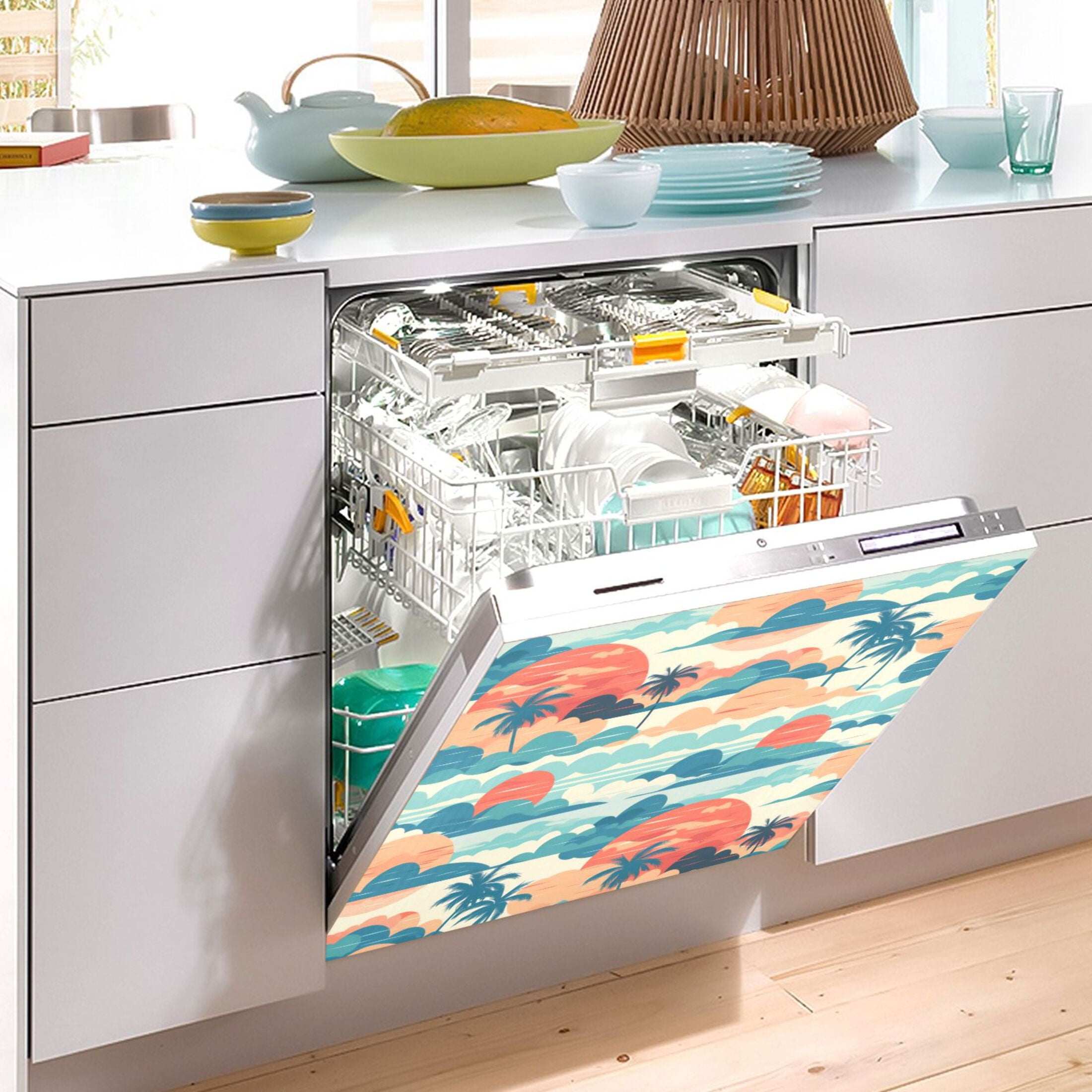 Dishwasher Magnetic Sticker 23x26 Inch Refrigerator Magnetic Sticker Washing Machine Magnetic Sticker Kitchen Panel Magnetic Sticker Home Decor The Sunrise Coconut Tree