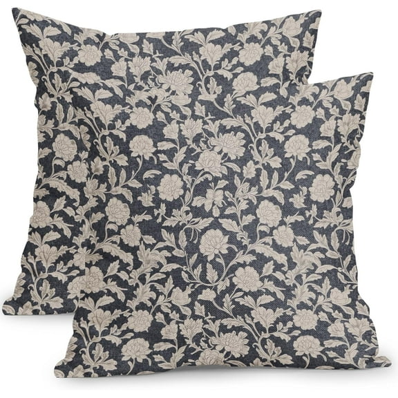 Vintage Navy Blue Floral Pillow Covers 18x18 Inch Set of 2 Modern Neutral Block Print Outdoor Decorative Throw Pillows Rustic Farmhouse Square Cushion Case Decoration for Couch