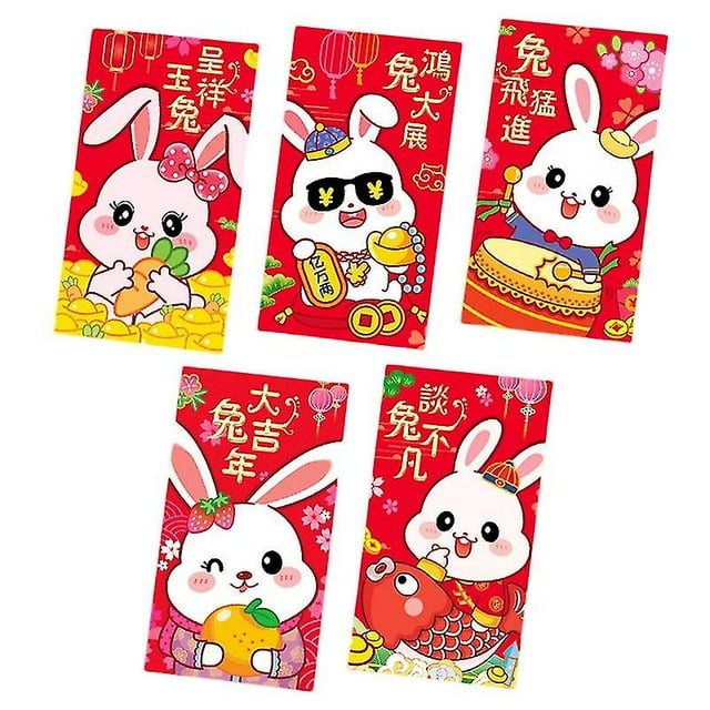 Sobres rojos con diseño de conejo de dibujos animados, papel recubierto estampado, sobres rojos con estampado de conejito para Año Nuevo, 5 uds.