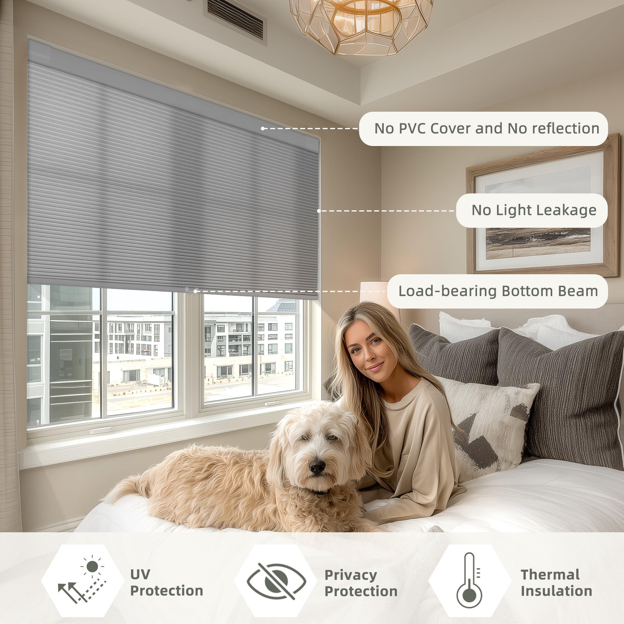 BERISSA Cordless No Drill No Tools Cellular Shades, Light Filtering Pull Down Window Blinds,Gray,38" W x 64" H