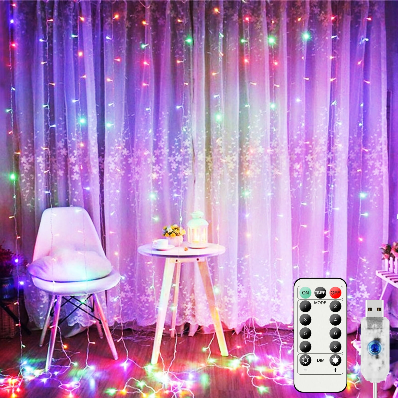 LED Curtain Lights, EEEkit 300 LED Fairy String Light with Remote, USB Window Hanging Twinkle Light with Hook for Bedroom Wedding Party Garden (9.8 x 9.8ft, Multi-color)