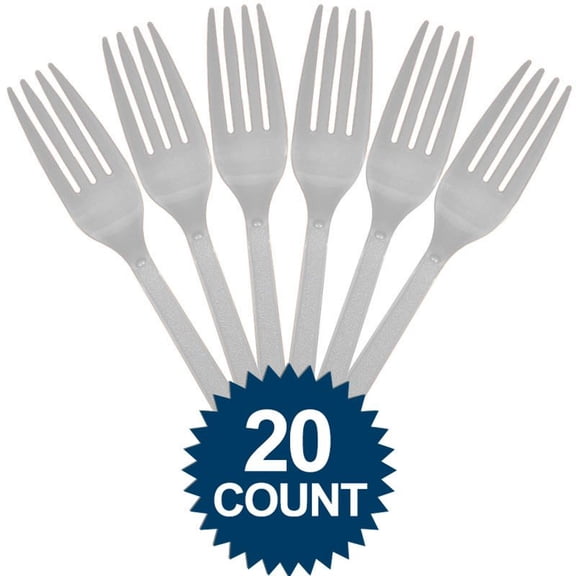 Party Perfect Reusable Premium Plastic Forks Tableware, Silver, Full Size, Pack of 20