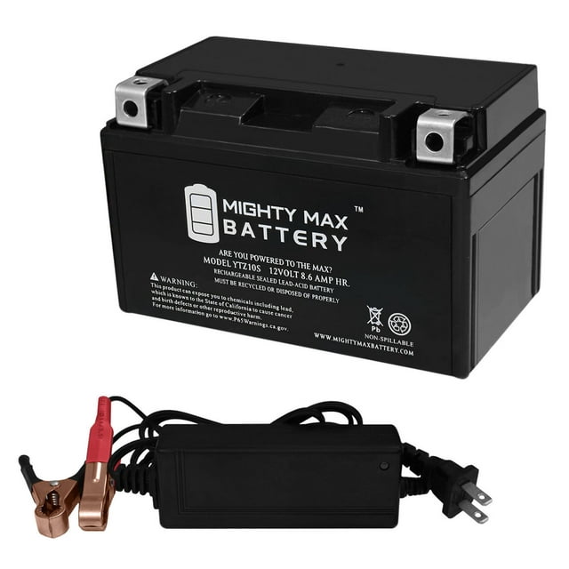 YTZ10S Battery Replaces Duralast Motorcycle GTZ10S-BS + 12V 2A Chargr