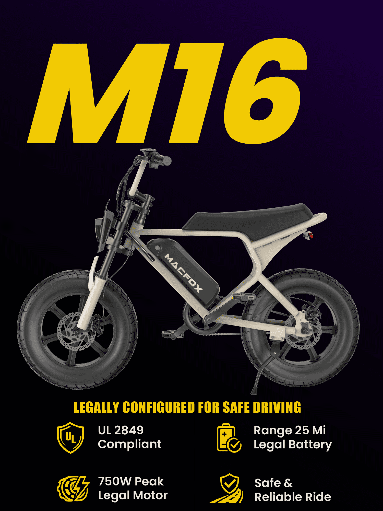 MACFOX M16 Electric Bike for Teens, 500W Motor, 20 MPH Top Speed, 25-Mile Range, 16"x4.0" Fat Tires, Removable 48V Battery, Fits Riders 3'11" and Up, City & School Commuter E-Bike（Yellow）