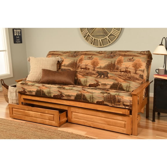 French Country Full Futon Frame Set with Mattress and Storage Drawers, Classic Foldable Hardwood Frame, Easily Converts To Bed