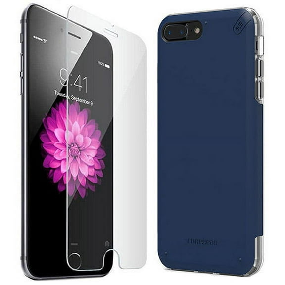 Case for iPhone 8 Plus, PureGear Dualtek Pro [Navy Blue] Anti-Shock Cover [with BONUS Tempered Glass Screen Protector] for Apple iPhone 7 Plus, 8 Plus